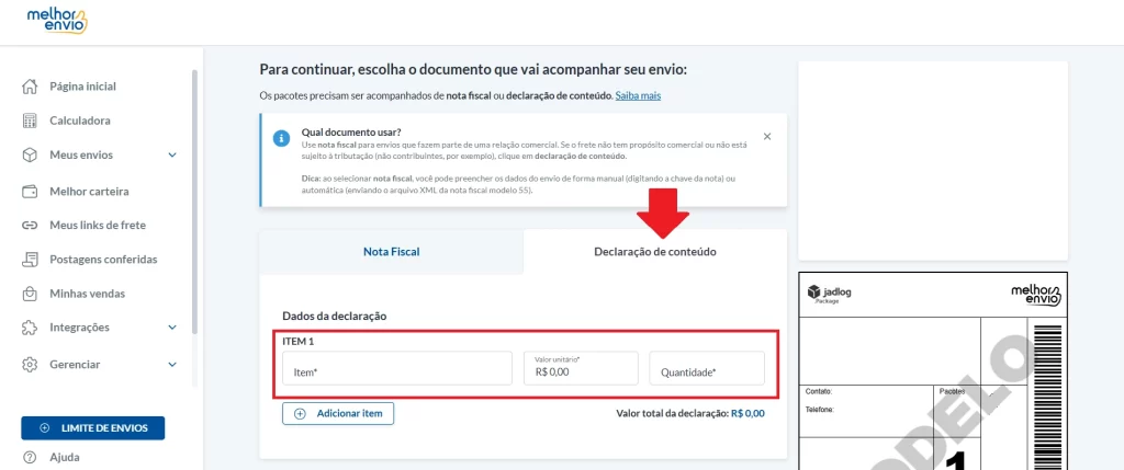 imagem que mostra os campos necessários para fazer a declaração de conteúdo eletrônica