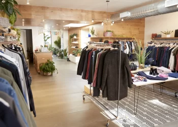 interior de uma loja de roupas masculina com diversos tipo de camisa de manga longa