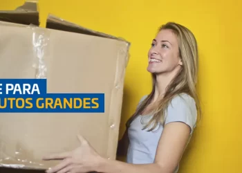 Mulher segurando caixa grande com texto "Frete para produtos grandes"