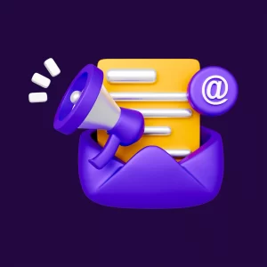 ícone de carta aberta com símbolo de @ e alto-falante simbolizando e-mail marketing