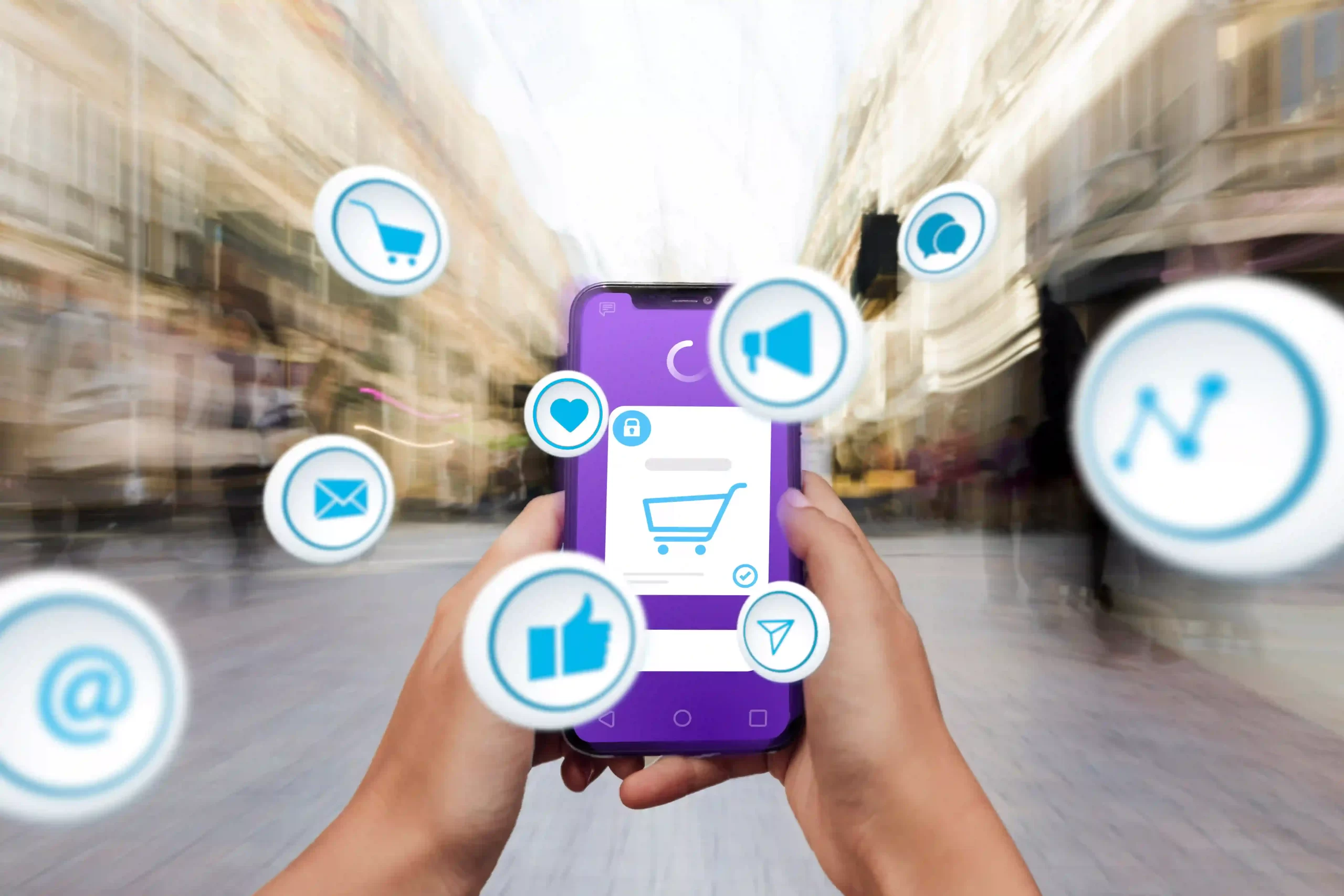 Celular com vários ícones relacionados a e-commerce e redes sociais saltando da tela.