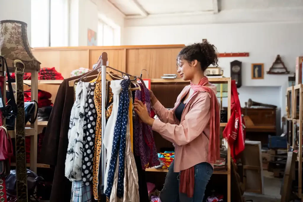 Mulher escolhendo roupas em brechó