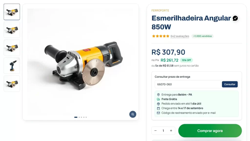 Checkout da Casa imper vendendo uma Esmerilhadeira com frete grátis para Belém