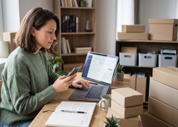 Mulher trabalhado numa expedição de entregas de e-commerce