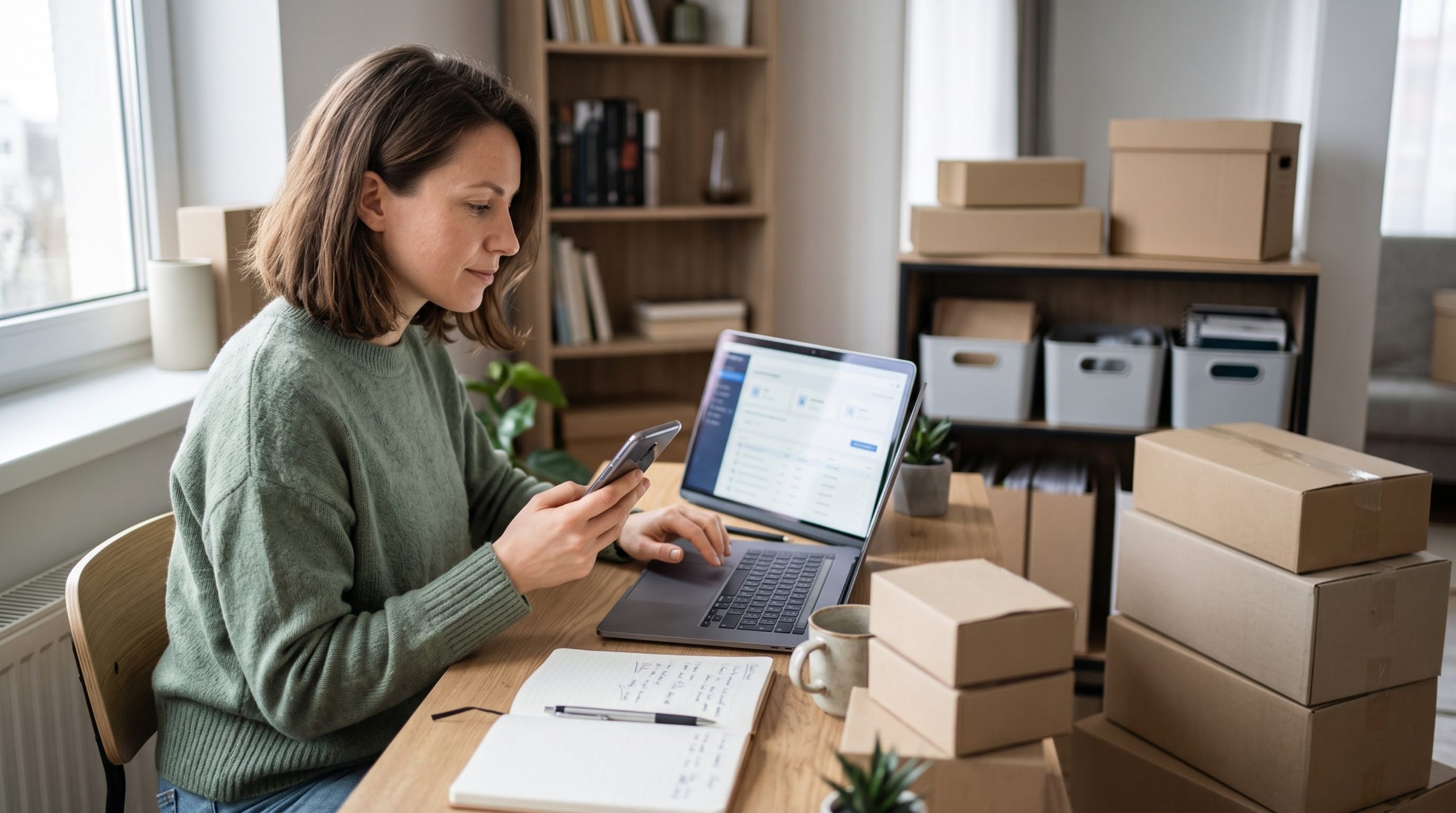 Mulher trabalhado numa expedição de entregas de e-commerce